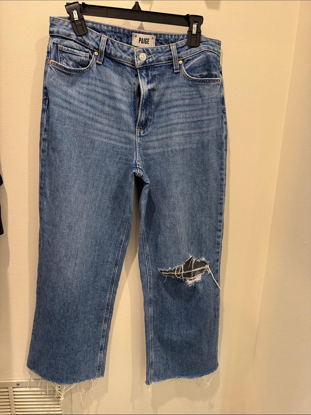 PAIGE Light Blue Distressed Straight Crop Jeans